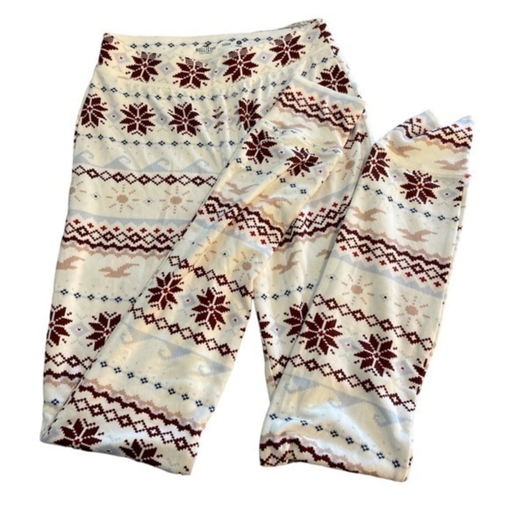 Women's Hollister Holiday Sleep Leggings Tan Maroon Snowflake Size XS EUC #7169
